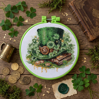 Siuvinėjimo kryželiu rinkinys su lankeliu „Leprekono skrybėlė“ 15x15 cm