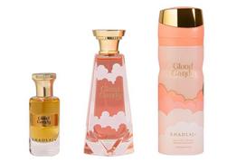 Rinkinys Khadlaj Cloud Candy moterims: kvepalai PP, 100 ml + kūno purškiklis, 200 ml + aliejiniai kvepalai, 24 ml