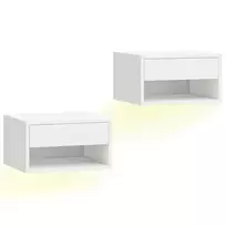 Naktinis staliukas, 2 vnt. komplektas, su RGB LED apšvietimu, plaukiojantis naktinis staliukas su stalčiumi ir atviru skyriumi, baltas