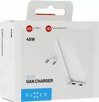 FIXED Slim 2xUSB-C Travel Charger, GaN, PD, 45W, baltas