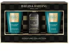 Baylis & Harding Men Shower mini rinkinys (juodieji pipirai ir ženšenis) – dovanojimo mini kūno priežiūros rinkinys (3 vnt.)