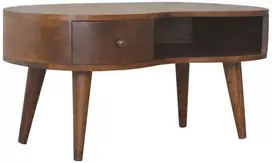 Artisan Furniture Wave mango medienos kavos staliukas su stalčiumi ir lentyna, kaštono atspalvio