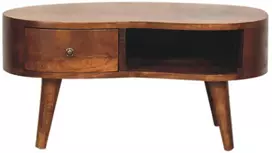 Artisan Furniture Kompaktiškas Wave mango medienos kavos staliukas su stalčiumi ir lentyna, kaštono atspalvio