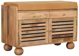 Artisan Furniture Mango medienos batų spintelė su žaliuzinėmis durelėmis ir 2 stalčiais, ąžuolo atspalvio