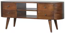 TV staliukas Artisan Furniture Apvalintų formų mango medienos TV spintelė su 4 stalčiais, kaštono atspalvio