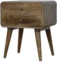 Artisan Furniture Lenktas mango medienos naktinis staliukas su 2 stalčiais, pilkos apdailos
