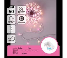 Aigostar-LED Lauko kalėdinė girlianda 50xLED/8 funkcijų 3xAA 5,3m IP44 rožinė/šiltai balta