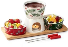 Excellent Houseware Zestaw do fondue porcelanowy z tacą bambusową, taca 21 x 12 cm | 8721037491235 | 8721037491235
