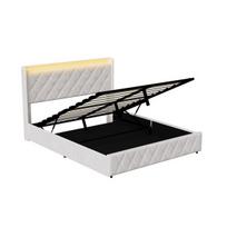 Dvigulė lova 160x200 cm su LED, USB ir hidrauline daiktadėže, minkšta lova, aksomas, smėlinė