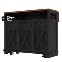 Juoda virtuvės sala 118x43x98 cm su sulankstomomis šoninėmis sienelėmis stalčiais ir ratukais virtuvei