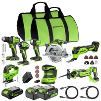 8vnt įrankių rinkinys CK381A1 (2 krepšiai + 1X2.0Ah + 2X4Ah + 65W USB kroviklis), GREENWORKS