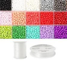 Siūlų ir stiklinių apvalių karoliukų (biserio) 6/0 RainBow® 15 šviesių spalvų po 10 g rinkinys