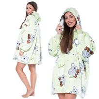 Megztinis pledas pledomegzstinis 2in1 oversize su gobtuvu storas žalias sherpa su koalomis white
