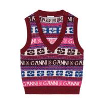 Ganni FW23 Megzta liemenė su logotipu, vilnos mišinys, moteriška liemenė, daugiaspalvė K2121999 XS brown