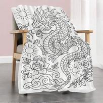 Healing-style Hand-Painted Oriental Divine Dragon Themed Coloring Flannel Blanket, Chinese Style Floral and Auspicious Cloud Pattern Printed Throw Bla 100X150CM gray