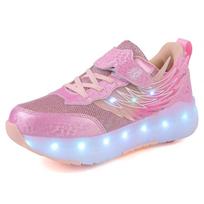 Girs LED Luminous Runaway Shoes Four-wheel Skates Men's and Children's Pulley Shoes LED Light Shoes 31 rožinė