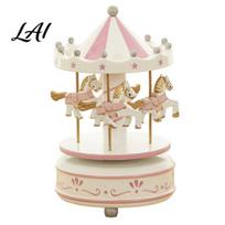 Handcrafted Musical Carousel Wooden Music Box with Rotating Merry-Go-Round Horses Wind-Up Figurine for Home Decor Birthday Christmas Gift, E beige