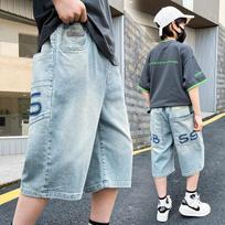 Boys Letter Embroidered Lightweight Denim Knee Length Casual Shorts Big Kids 170cm mėlyna