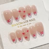 24-Piece Almond-Shaped Bow French Manicure Xiaohongshu-Style Press-On False Nail Tips Glue Model beige