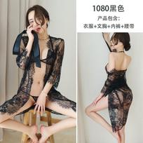 Erotic underwear, European and American sexy temptation lace cardigan long nightgown perspective pajamas One size fits all( 40-65kg ) juoda