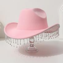 Popular top hat cowboy hat elegant big brim light luxury tassel sparkling party piano concert wear M（56-58cm） rožinė
