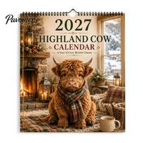 Thick Paper Monthly Planner 2027 Highland Cow Seasons Calendar, 12-Month Desk with Cute Art, Decorative Wall Hanging Daily Organizer for Home Office, A beige