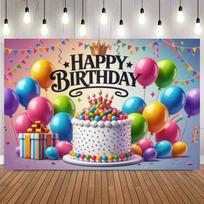Happy Birthday Cake Party Decoration Backdrop Multi-color Balloon Ribbon Family Theme Poster Photo Studio Photography Background14 59×39inch/150*100cm black