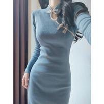 Improved cheongsam new rich daughter gentle base with knitted dress women's autumn and winter M