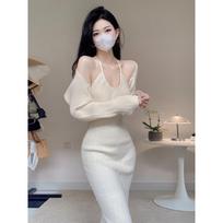 Long-sleeved neck sling hip skirt shawl dress autumn beautiful waist thin knitted dress set XL