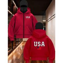 Men's and Teenagers' Flag Print - Lined Zipper Hooded Jacket for Winter, Casual Sports Shirt with Pockets XXXL red