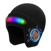 Warm Acrylic Fibre Skull Cap Knit Hat with LED Light and Music Player Design for Adult Nighttime Safety Outdoor Activity black