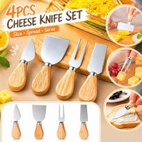 Stainless Steel Cheese Knife Set 4 Pieces with Wooden Handles Includes Cheese Fork Butter Spreader and Pizza Cutter for Kitchen Use one size