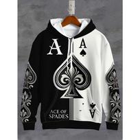 3D Men's Sweatshirt with Poker Card Pattern, Long Sleeve Casual Hoodie with Drawstring Pockets L black