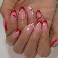 24pcs Sweet Cherry Bow Ladybug Strawberry Press On Nails Blush Pink Almond False Nails For Girls brown