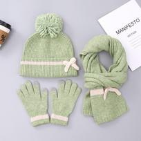 Winter Hairball Hat Gloves Scarf Three-piece Warm Knitted Wool Hat Touch Screen Batch gray