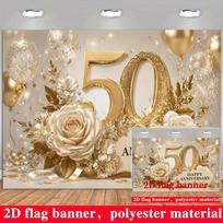 50-ojo Jubiliejaus Baneris Fonas Auksinis Skaičius 50 Šampano Rožės Poliesteris 109.98*180.09cm beige