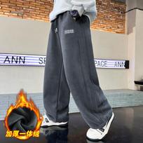 Boys Big Kids Winter Fleece Thickened Straight Casual Long Pants 160cm pilka