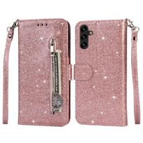 Samsung Galaxy A35 5G Flip Case, Wallet Zipper Pocket Glittery, Rose Gold