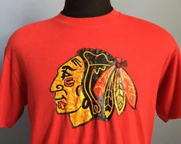 80s Vintage Chicago Blackhawks nhl hockey Black Hawks T-Shirt - LARGE 100 red