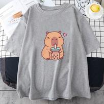 Capybara Loves Drinking Bubble Tea Marškinėliai 100 % medvilnė Vasariniai rūbai Kasdieniai moteriški/vyriški Kawaii marškinėliai Mieli mergaičių marškiniai mada XS pilka spalva