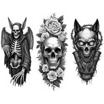 3 vnt. laikinos tatuiruotės Realistiškos laikinos tatuiruotės Su gobtuvu Skeletas Vilkas Kaukolė Ir Mėnulis Rankoms Šlaunims Vyrams gray