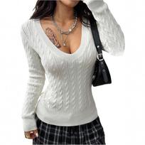 2026 Korean Style Deep V-Neck Long Sleeve Cable Knit Sweater for Women - Slimming Autumn Inner Layer Top Extra Large balta
