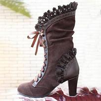 Women High Heel Boots Steampunk Sexy Leather Suede Autumn Vintage Winter Lace Up Cosplay Shoes 36 ruda