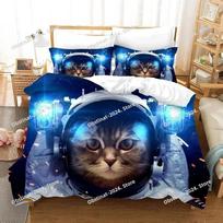 Astronaut In Space Cat Bedding Set Printed single Comforter Quilt Bed Cover Duvet Cover Pillow Case 3 Pieces Set Kids Adult Size EU Single 135*200cm/53x79in 3pcs blue