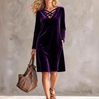 Women's Velvet V-Neck Long Sleeve Dress with Pockets XXL violetinė