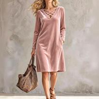 Women's Velvet V-Neck Long Sleeve Dress with Pockets L rožinė