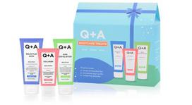 Kūno priežiūros priemonių rinkinys Q+A Bodycare Treats: prausiklis, 75 ml + šveitiklis, 75 ml + kūno sviestas, 50 ml