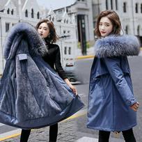 Plus Size Parker Coat Jacket Women's Big Fur Collar Cotton Coat Plus Velvet Waist Warm Cotton Coat Women's Tide XXXXXL mėlyna