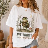 We Thrift at Dawn Shirt, Funny Frog Meme Tee, Comfort Colors® Thrifting T-Shirt, Vintage Collector and Thrift Shop Lover Gift L white