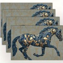 Ornate Horse Placemats Set Of 4 Blue Gold Floral Pattern Linen Table Mats With Elegant Steed Design Washable Heat Resistant 4PCS gray